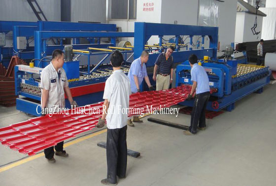 Color Roofing Glazed Tile Roll Forming Machine With Hydraulic Press Cutting